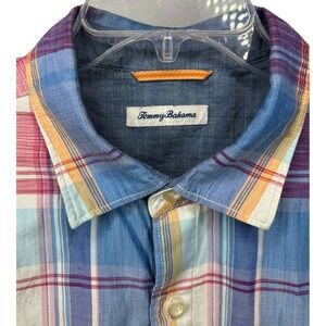 Tommy Bahama Men's‎ XL Plaid Button-Up Shirt Blue Red White Short Sleeve Casual